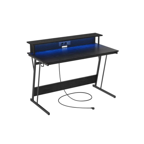 VASAGLE LED Gamer Asztal Beépített Tápegységgel és Monitortartóval Fekete
