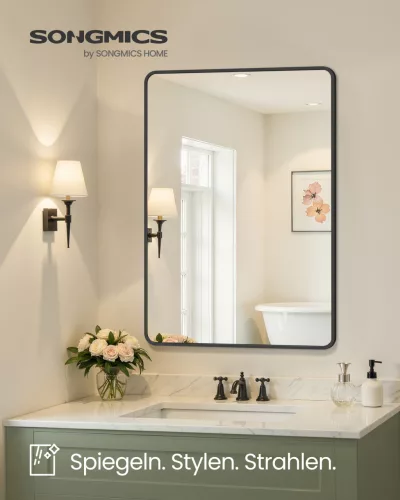 SONGMICS fali tükör téglalap alakú alumínium kerettel 91 x 61 cm biztonsági fóliával tintafekete