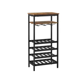   VASAGLE Ipari Stílusú Bortartó Állvány 20 Palackhoz Pohártartóval Rusztikus Barna-Fekete