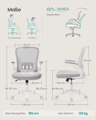 SONGMICS OBN037G02 ergonomikus forgószék hálós háttámlával galambszürke
