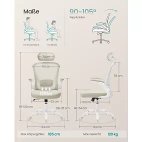   SONGMICS ergonomikus irodai forgószék hálós háttámlával, állítható deréktámasszal és fejtámlával, cappuccino bézs