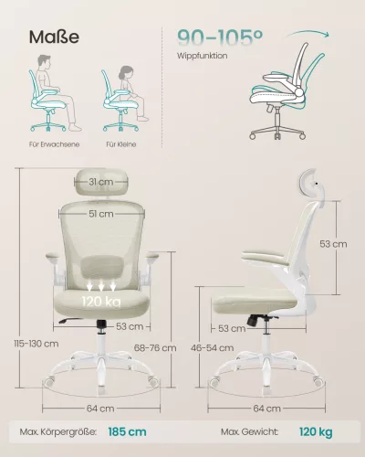 SONGMICS ergonomikus irodai forgószék hálós háttámlával, állítható deréktámasszal és fejtámlával, cappuccino bézs