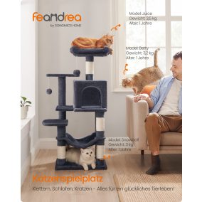   Feandrea 112 cm macskaház kaparófa 4 kaparóoszloppal, 2 pihenőplatformmal, 1 barlanggal, 1 függőággyal, 2 pomponnal, többszintes plüss, füstszürke