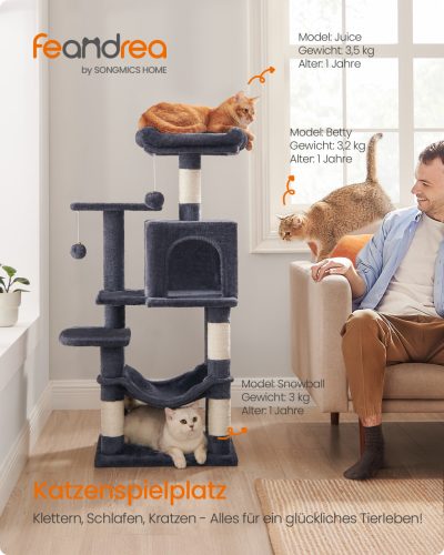 Feandrea 112 cm macskaház kaparófa 4 kaparóoszloppal, 2 pihenőplatformmal, 1 barlanggal, 1 függőággyal, 2 pomponnal, többszintes plüss, füstszürke