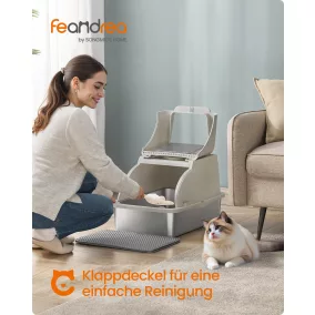   Feandrea XL rozsdamentes acél macska alomtálca fedeles cappuccino bézs