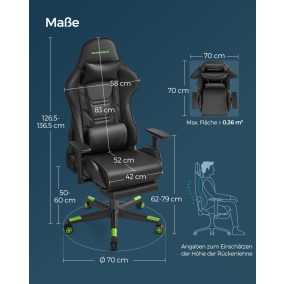  SONGMICS RCG070C01 Ergonomikus Gamer Szék Lábtartóval Fekete-Zöld