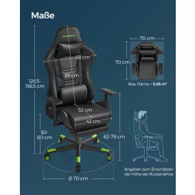   SONGMICS RCG070C01 Ergonomikus Gamer Szék Lábtartóval Fekete-Zöld