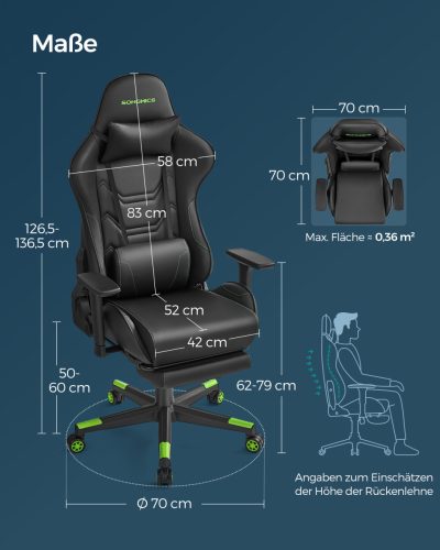 SONGMICS RCG070C01 Ergonomikus Gamer Szék Lábtartóval Fekete-Zöld