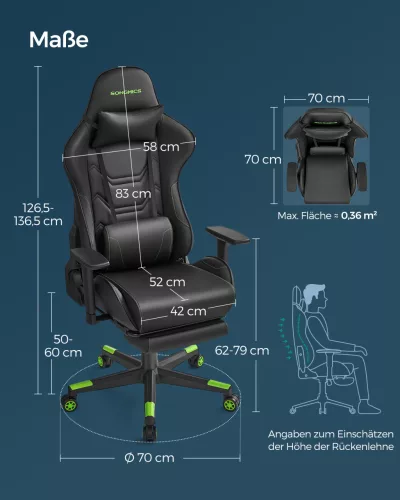 SONGMICS RCG070C01 Ergonomikus Gamer Szék Lábtartóval Fekete-Zöld