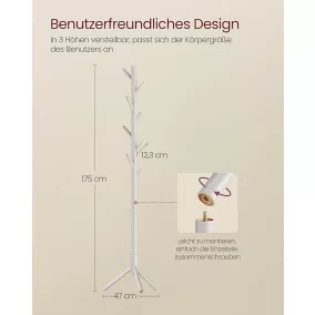   VASAGLE álló fogas tömör fa 8 kampós fa dizájn 3 állítható magasság cappuccino bézs