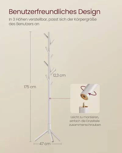 VASAGLE álló fogas tömör fa 8 kampós fa dizájn 3 állítható magasság cappuccino bézs