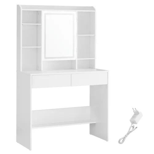 VASAGLE Modern LED Fésülködőasztal Állítható Polcokkal Fehér
