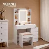 VASAGLE LED világítású fésülködőasztal tükörrel, fiókokkal, nyitott rekeszekkel, állítható polcokkal, zsámollyal, állítható fényerővel, modern, felhőfehér