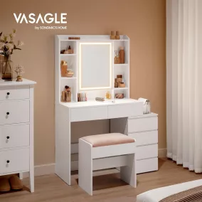   VASAGLE LED világítású fésülködőasztal tükörrel, fiókokkal, nyitott rekeszekkel, állítható polcokkal, zsámollyal, állítható fényerővel, modern, felhőfehér