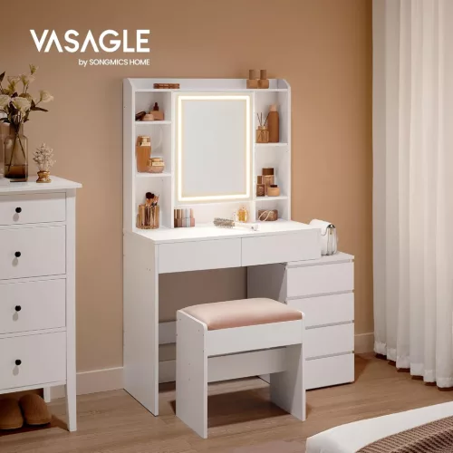 VASAGLE LED világítású fésülködőasztal tükörrel, fiókokkal, nyitott rekeszekkel, állítható polcokkal, zsámollyal, állítható fényerővel, modern, felhőfehér