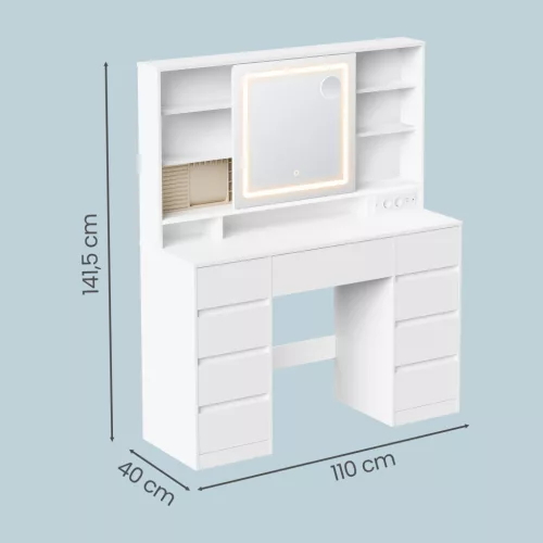 VASAGLE Kailyn RDT137W01 fésülködőasztal LED világítással és tükörrel felhőfehér