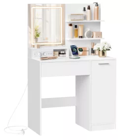   VASAGLE Kailyn Fésülködőasztal LED Tükörrel és Elosztóval Fehér