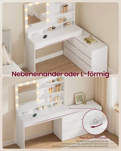VASAGLE Kailyn RDT140WB01 Fésülködőasztal Tükörrel és LED Világítással felhőfehér