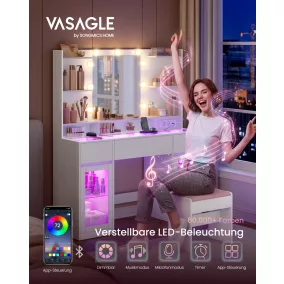   VASAGLE Kailyn Fésülködőasztal LED Tükörrel és RGB Világítással Fehér