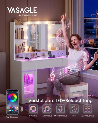 VASAGLE Kailyn Fésülködőasztal LED Tükörrel és RGB Világítással Fehér