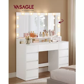   VASAGLE KAILYN RDT146WB01 fésülködőasztal LED világítással fehér 9 fiókos