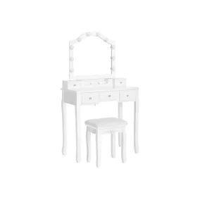   VASAGLE Hollywood Fésülködőasztal Szett LED Világítással Fehér