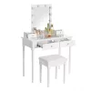VASAGLE Hollywood Sminkasztal Szett Párnázott Ülőkével és LED Világítással Fehér