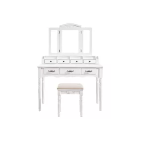   VASAGLE Elegance Fésülködőasztal Háromrészes Tükörrel és Párnázott Ülőkével Fehér