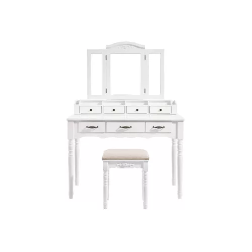 VASAGLE Elegance Fésülködőasztal Háromrészes Tükörrel és Párnázott Ülőkével Fehér