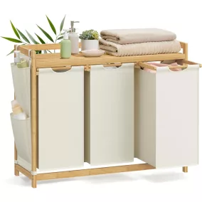   SONGMICS Bambusz Szennyestartó 3 Rekesszel Krémfehér Tárolópolccal