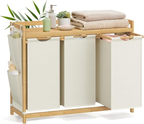 SONGMICS Bambusz Szennyestartó 3 Rekesszel Krémfehér Tárolópolccal