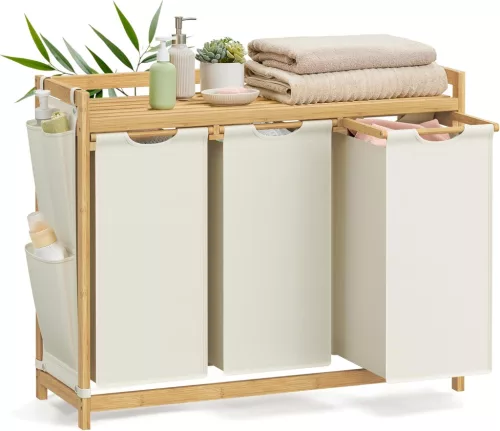 SONGMICS Bambusz Szennyestartó 3 Rekesszel Krémfehér Tárolópolccal