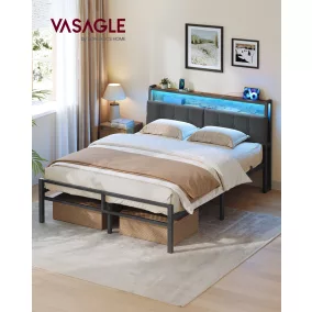   VASAGLE Ágykeret 140 x 190 cm 2 Fiókkal, LED Világítással és Töltőállomással