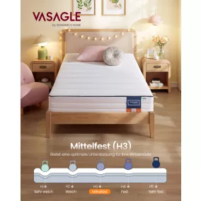   VASAGLE 90 x 200 cm egyszemélyes gél memóriahabos matrac közepes keménységű H3 7 zónás támasztással légáteresztő levehető géppel mosható huzattal 16 cm vastag fehér
