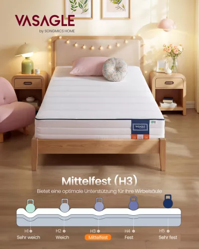 VASAGLE 90 x 200 cm egyszemélyes gél memóriahabos matrac közepes keménységű H3 7 zónás támasztással légáteresztő levehető géppel mosható huzattal 16 cm vastag fehér