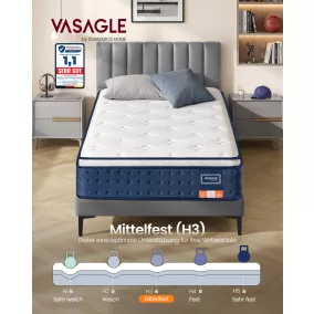   VASAGLE RMZ222QZ02 Hibrid Matrac 90 x 200 x 25 cm Közepes Keménységű Gél Memory Foam Zsákrugós H3 7 Zónás Támasztás Mozgásszigetelés Légáteresztő Huzat Kék