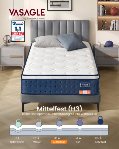 VASAGLE RMZ222QZ02 Hibrid Matrac 90 x 200 x 25 cm Közepes Keménységű Gél Memory Foam Zsákrugós H3 7 Zónás Támasztás Mozgásszigetelés Légáteresztő Huzat Kék