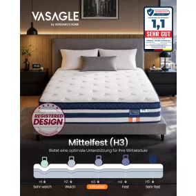   VASAGLE Zsákrugós Matrac Géles Memory Foam 140 x 200 cm Kék H3 Közepes Kemény 7-Zónás