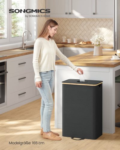 SONGMICS 100 literes szelektív hulladékgyűjtő konténer bambusz kerettel fekete-bézs