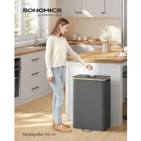   SONGMICS 100 literes szelektív hulladékgyűjtő konténer bambusz kerettel palackszínű szürke és természetes bézs