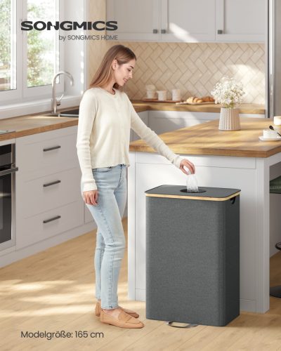 SONGMICS 100 literes szelektív hulladékgyűjtő konténer bambusz kerettel palackszínű szürke és természetes bézs