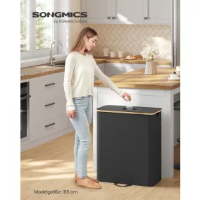   SONGMICS 140 literes Szelektív Hulladékgyűjtő Konténer Bambusz Kerettel Fekete-Bézs
