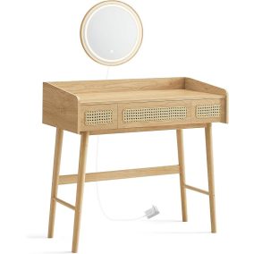   SONGMICS BOHOVEN Fésülködőasztal LED Tükörrel Rattan Hatású Fiókokkal Tölgy Bézs