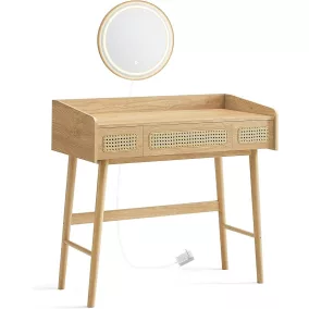   SONGMICS BOHOVEN Fésülködőasztal LED Tükörrel Rattan Hatású Fiókokkal Tölgy Bézs