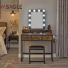 VASAGLE Vintage Fésülködőasztal LED Tükörrel és Ülőkével Ipari Stílusú Barna-Fekete