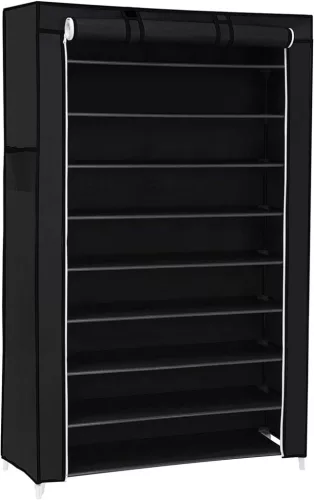 SONGMICS 10 Szintes Cipőtároló Szekrény Porvédő Huzattal Fekete 88 x 28 x 160 cm