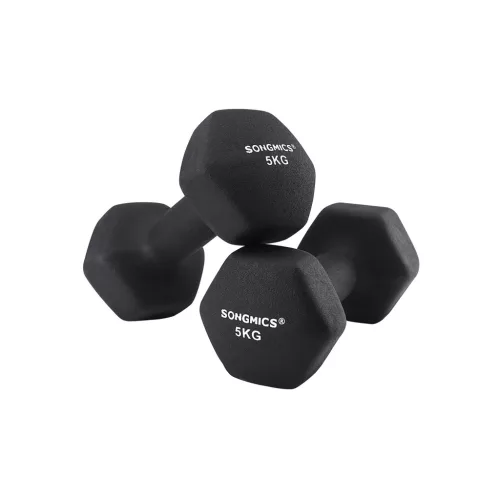 SONGMICS 2 db-os kézi súlyzó szett 2 x 5 kg neoprén bevonattal fekete hatszögletű csúszásmentes