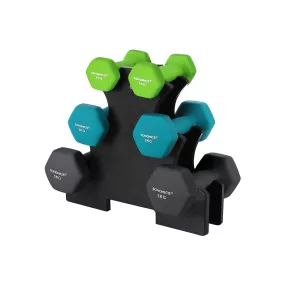   SONGMICS Hexagon Kézi Súlyzó Készlet Állvánnyal 2 x 1 kg, 2 x 2 kg, 2 x 3 kg Neoprén Bevonattal Lime, Türkiz és Sötétszürke