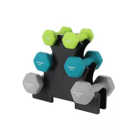   SONGMICS Hatszögletű Súlyzókészlet Állvánnyal - 6 db Neoprén Kézi Súlyzó Lime-Türkiz-Szürke
