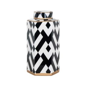   Richmond Latrell Geometrikus Kerámia Váza Fekete-Fehér Réz Díszítéssel